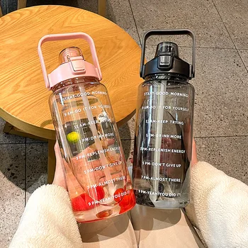 2 Litrska Steklenica za Vodo s Slamo Ženski Dekleta Velike Prenosne Potovanja Steklenice Športna Fitnes Pokal Poleti Hladno Vodo s časovnim okvirjem