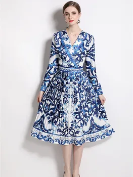 2023 Nov Modni Modri In Beli Porcelan Zarezo Jopič Naguban Obleka Ženske Obleke Z Dolgimi Rokavi Cvet Tiskanja Midi Vestidos