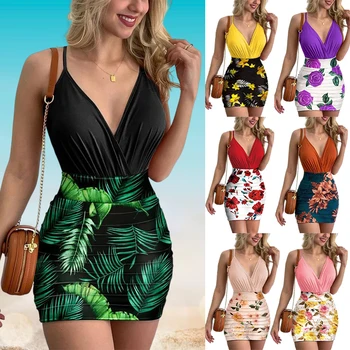 2023 Ženske Sexy Obleka, V Vratu Traku Mini Obleka En Kos Kopalke, Kopalke Lady Summer Beach Club Stranka Polovico Krilo Set
