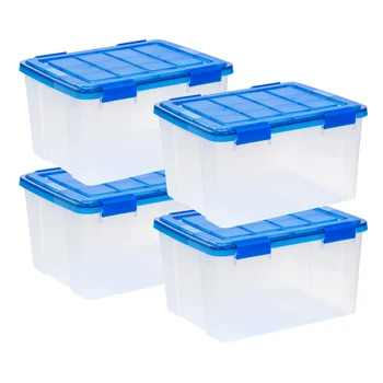 44 Quart WeatherPro™ Tesnilo Jasno, Plastična Škatla za Shranjevanje s Pokrovom, Modra, Sklop 4
