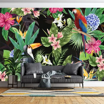 Akvarel cvetje in ptice, tropskih rastlin, rainforest papige, ki meri 3D ozadje, dnevna soba, spalnica