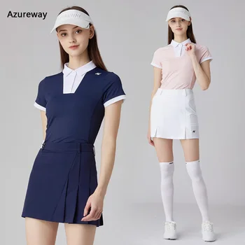 Azureway Ženske korejski Quick-dry Golf Vrhovi Kratek Sleeve Majica Polo, Golf, Tenis A-line Skort Anti-lahka Krilo Dekle Oblačila Sklop