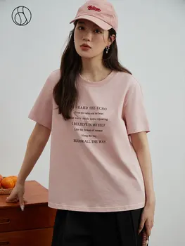 DUSHU Ženske Pismo Print Design Spredaj Ramo T-Majice 100% Bombaž Roza Preprost Svoboden Ženske Tees Avtobusu Krog Vratu Tee
