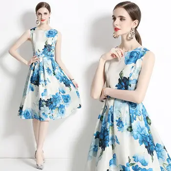 Elegantno Visoki Razred Blue Rose Natisnjeni Poletje Urad Dama Obleke Feminino Occident O-vratu A-linijo brez Rokavov Camisoles Vestidos