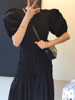 Korejski Slog Poletje Krog Vratu Naguban Puff Rokav Vintage Črno Elegantno Preprost Ženske Obleke Maxi Obleke