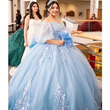 Modro Nebo, Princesa Quinceanera Obleke Off Ramenski Čipke Appliques Kristalno Kroglo Obleke Sweet 16 Obleke Vestidos De 15 Años