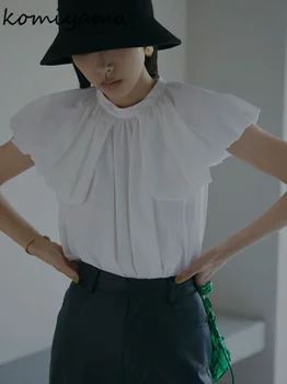 Na Japonskem Slogu Elegantna Krog Vratu Širok Ramenski Bluze Za Ženske Poletje Naguban Design Blusas Mujer Moda Svoboden Bele Majice, Vrhovi