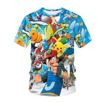 Novi Modni stil Kratka sleeved Anime pokemon 3D Cvjetnim Natisniti T-shirt Poletje Krog Vratu Priložnostne Svoboden otroci Velikost Shirt 3-14T