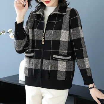 Novo Pomlad Jesen Ženske 2023 Korejski Elegantno Kariran Svoboden Zadrgo Plašči Ženski Priložnostne Moda Dolg Rokav Jakne Outwear Z137