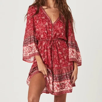 TEELYNN mini obleke za ženske haljo Gypsy rdeče cvjetnim tiskanja poletne obleke rajon flare rokav proti-vrat kratek boho obleke Vestido