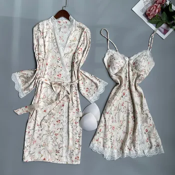 Ženske Čipke Satenast Kimono kopalni plašč Obleko Seksi Cvjetnim Tiskanja Haljo in Obleke Določa Sleepwear More