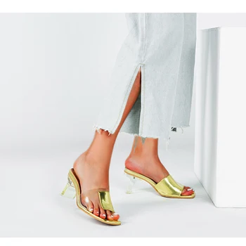 2020 Gold&silver lakasto usnje mozaik jasno sandali ženske open toe visoko pregleden petah sandalias udoben kvadratni toe sandali