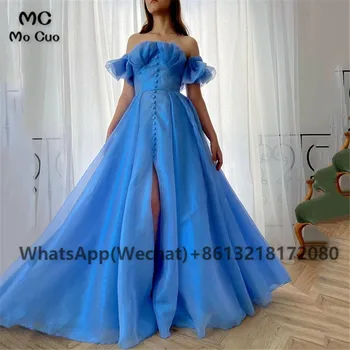 2021 Modra Off Ramenski Večerne Obleke Dolgo Maturantski Obleki Dolžina Tal Zabuhle Rokavi Gumb Til Večer Stranka Obleko za Ženske