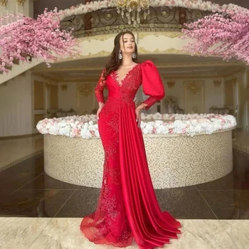 2023 Dubaj Rdeče Večerne Obleke Čipke Sirena O Vratu Polno Dolge Rokave Formalno Ženske Stranki Poroka Oblek Plus Velikost Maxi