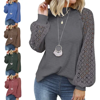 2023 Jeseni, Pozimi Womens Vrhovi Novo Sweatershirt Ženski Priložnostne O-vratu Dolg Rokav Šivanje Čipke Svoboden Bluze za Ženske Puloverju