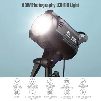 80W Studio LED Video Luč 5500K Fotografija Lučka Svetlost Nastavljiva CRI96+ 9 Scene Svetlobnih Učinkov z Daljinskim upravljalnikom