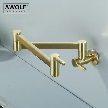 Awolf Točilne Podaljšali Pot Polnila Brušena Zlato Trdni Brass Stenske Kuhinjska Pipa Zložljiva 360 Stopinj Rotacija, Tapnite FW009