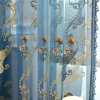 Blue luxury vezenje til Zavese za dnevno sobo, spalnica okno zlato cvetlični zavese sheers doma dekor