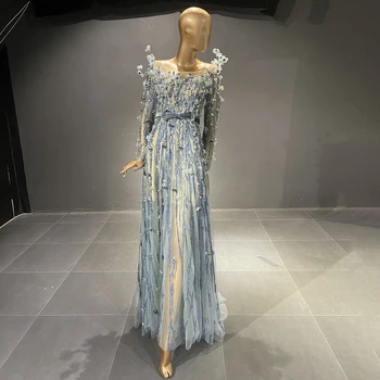 Mirno Hill Muslimanskih Blue Luxury Večerne Obleke, Halje 2023 Beaded A-Linija Za Ženske svate Couture LA71549