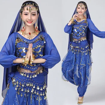 Odraslih Sequins Trebuh Ples, Oblačila Za Ženske Vzhodno Indijski Ples Kostume Dolgo Sleeved Vrh Majica+ Hlače Za Ples Trebuh Obleko