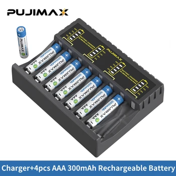 PUJIMAX 1,2 V Ni-MH/Ni-Cd Polnilec Smart Display+4pcs AAA 300 mAh Baterija za Polnjenje z USB Kablom za igralne Konzole Blazinice