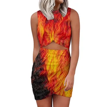 Red Hot Fire Bodycon Obleko Pomlad Povzetek Print Precej Obleke, Ženske, Iz Votlih Design Street Fashion Obleko Velika Velikost