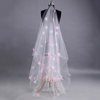 Romantični Poročni Veil Obleko Roza Cvetnih Listov Dekoracijo Tančico Plasti Tila Trak Roba Poročne Veils