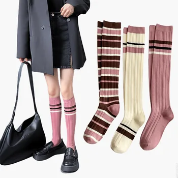 Roza prugasta nogavice, dolge noge in koleno dolžina nogavice, minimalistične pomlad/poletje bombažne nogavice