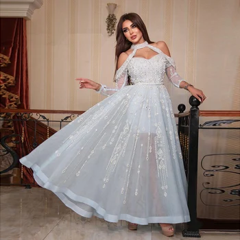 Sharon je Dejal Luksuzni Dubaj Svetlo Modro Večerno Obleko za Ženske Poroko Elegantno Off Ramenski Beaded arabski Formalno Stranko Halje SS418