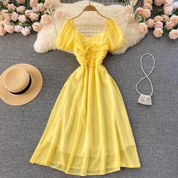 sladko šifon obleko za žensko, kratek rokav visoko pasu obleke, ženske letnik korejski moda vestido poletje elegantna ženska oblačila