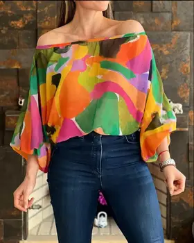 Vrh Ženske Poletne Mode Off Ramenski Allover Tiskanja Luč Rokav Priložnostne Dolg Rokav Dnevno T-Shirt Vrh Y2K Oblačila