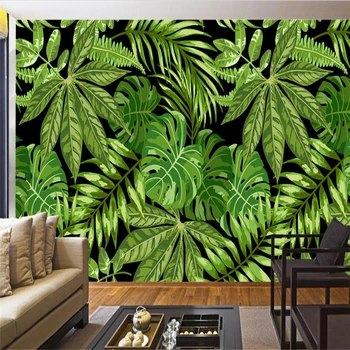 wellyu Jugovzhodne Azije slog zeleno drevo palme, listi umetnosti zidana ozadje po meri, veliko fresko zeleno ozadje de papel parede