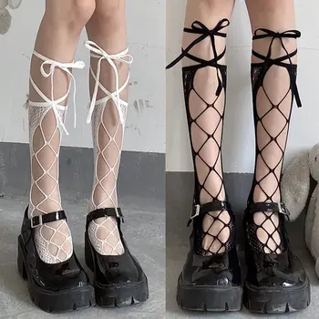 y2k Črne nogavice ženske srednje Lolita nogavice jk svilene nogavice, dokolenke izdolbla-out poletje ribolov neto tanke slog