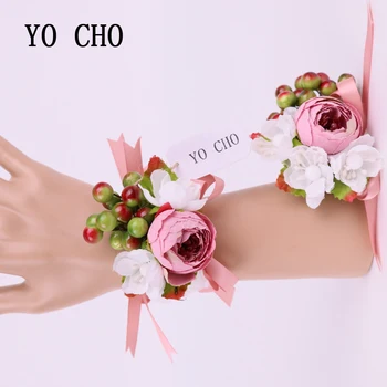YO CHO Visoke Kakovosti Zapestje Corsage Cvetje 1 Kos 4 Cvet S Češnje Zveze Rose Nevesta Corsage Strani Dekorativne