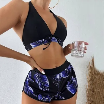 Ženske Barve 3pack Tropskih Tiskanja Povodcem Bikini Kopalke Z Plavati Hlače Brazilski Poletje Plaža Obrabe, Plavanje Športni bazen